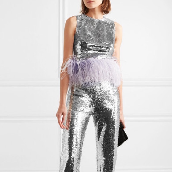 Sequined Silver Tank Top with Lavender Feather Hem - Picture 2 of 3